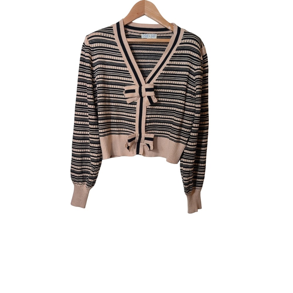 She + Sky Pink Black Striped Bow Front Cropped Cardigan Sweater Large SY7362